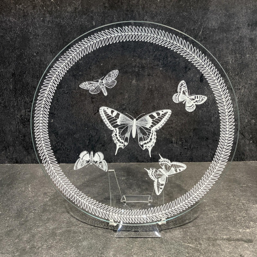 Vtg Five White Butterfly Glass Round Serving Platter Dish w/Decorative Trim 9.5"